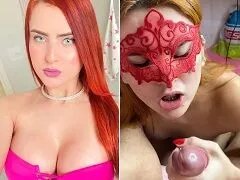롤리타 딸기 빨간 머리 요정이 우유를 빨고 있습니다.